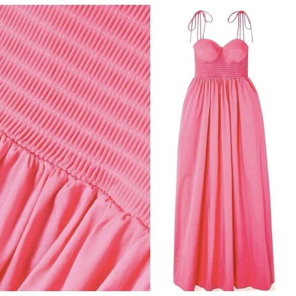 STAUD Landry Shoulder-Tie Smocked Maxi Dress L Wedding Guest Picnic Romantic